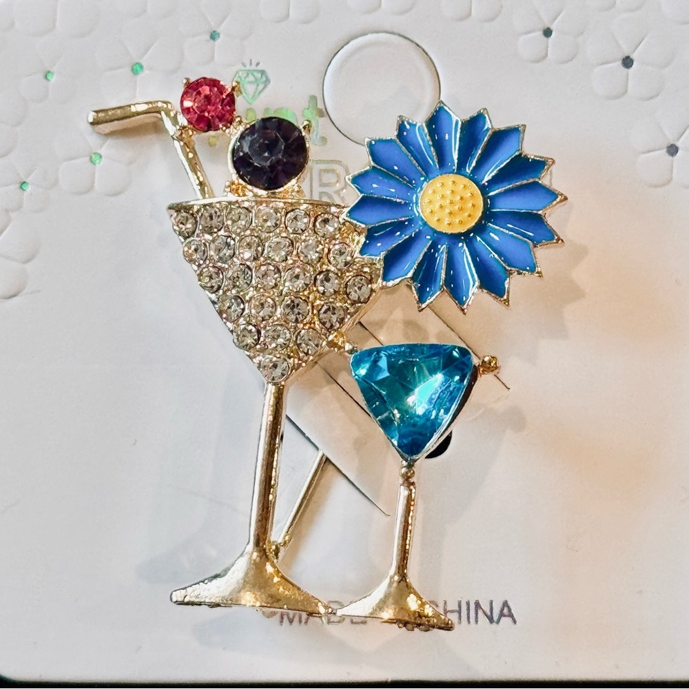 Retro Daisy & Rhinestone Martini Glass Brooch NWT Blue